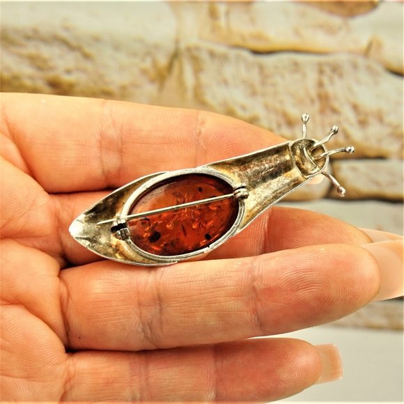 BALTIC AMBER 925 SILVER SNAIL BROOCH, RARE TO FIND JEWELRY, GIFT FOR WOMEN - Picture 6 of 10